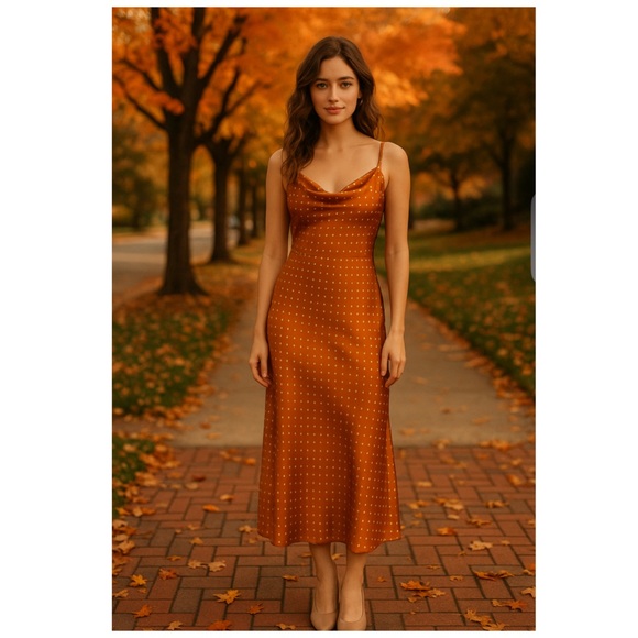 GUESS Eco Akilina Orange White Polka Dot Midi Slip Dress Small NWT - Picture 3 of 14
